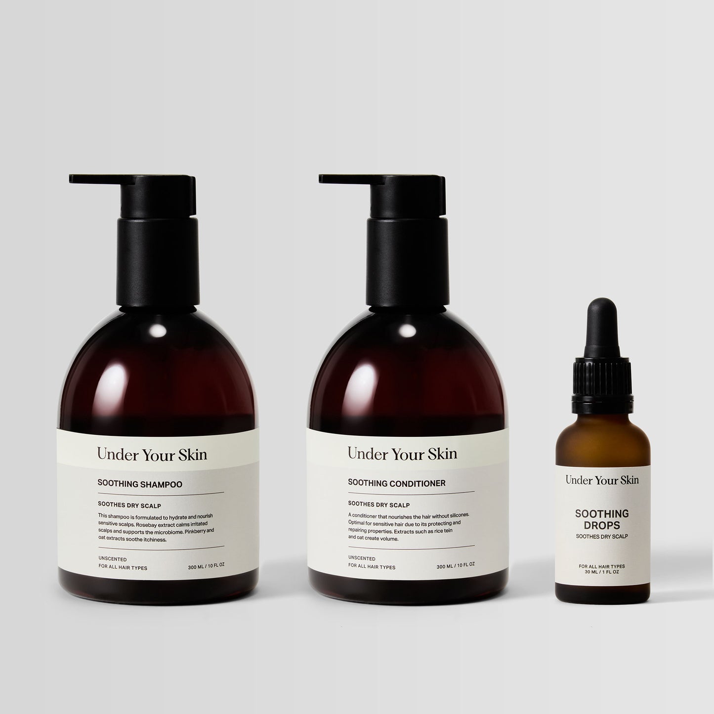 Complete Soothing Kit including shampoo, conditioner, and drops for scalp health