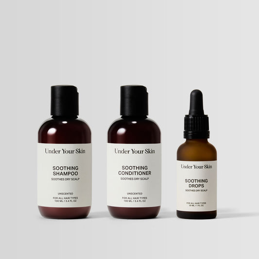 Soothing Starter Kit including travel-sized shampoo, conditioner, and drops for scalp care